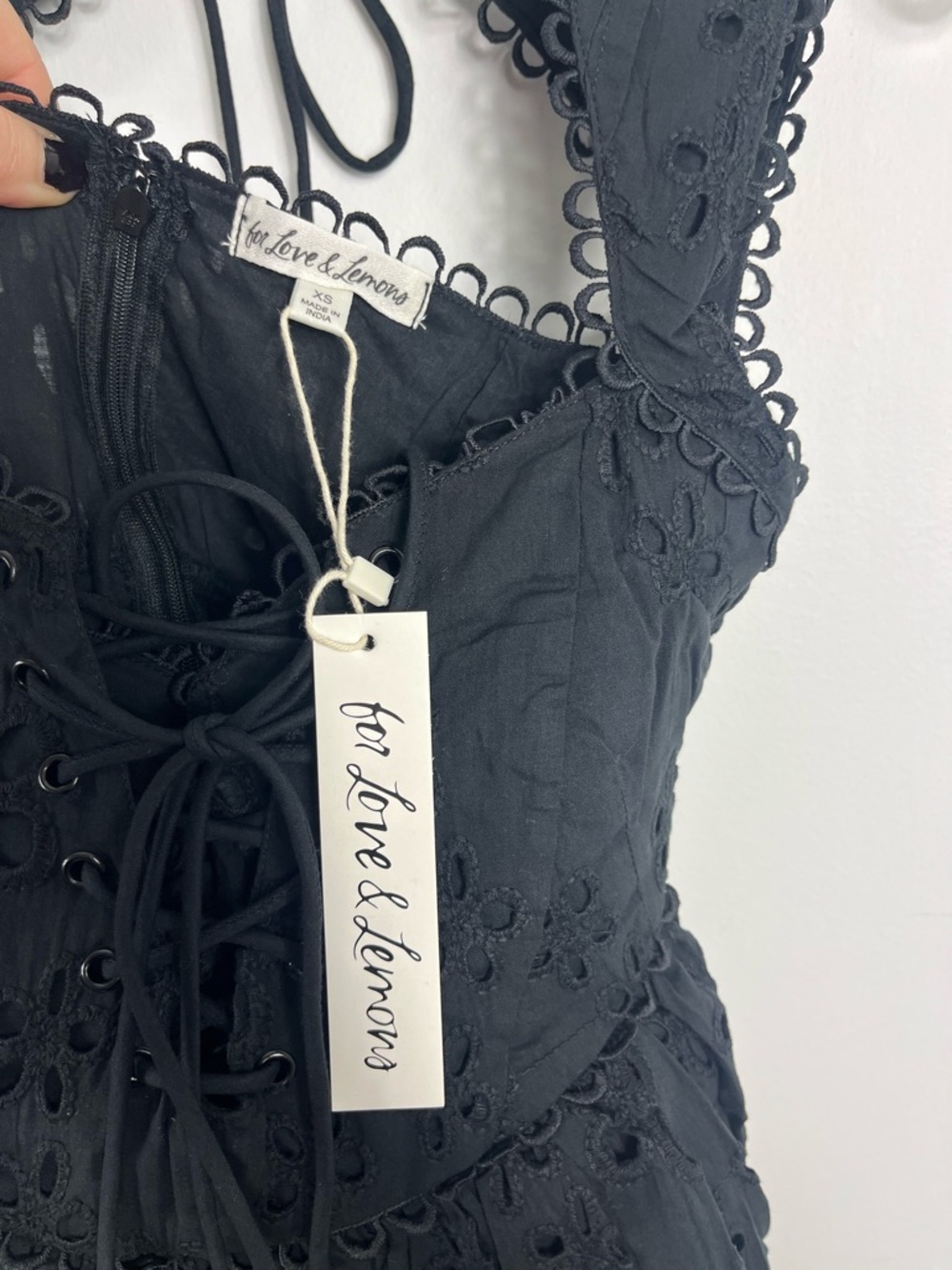 For Love And Lemons Nicola Eyelet Lace Up Midi Dress Size XS NWT Solid Black - Picture 7 of 10
